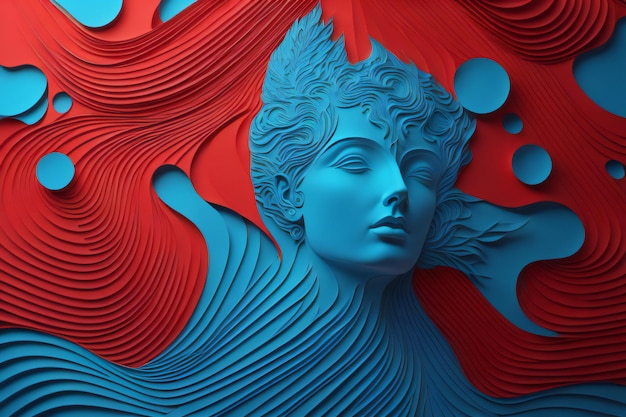 Zdjęcie kobieca twarz z niebiesko-czerwonym abstrakcyjnym tłem generatywny ai