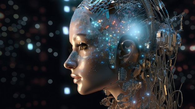 Kobieca twarz ze świecącą głową i napisem robot