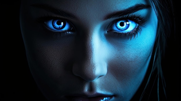 Kobieca twarz ze świecącymi niebieskimi oczami