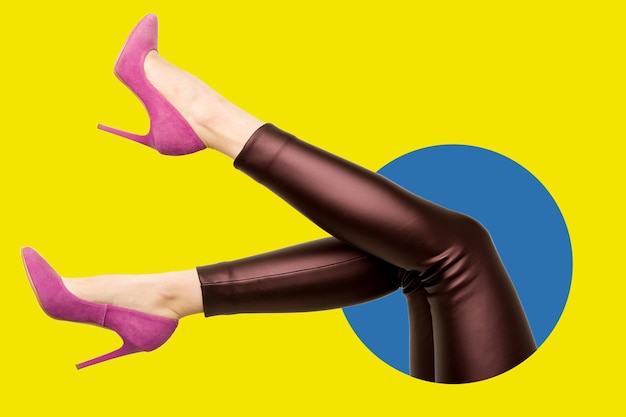 Kobiece nogi układające się w okrągłe na kolorowym tle geometrycznym Nowoczesny design Kolaż sztuki współczesnej Inspirujący pomysł modny miejski styl magazynu Ujemne miejsce na wstawienie tekstu lub reklamy