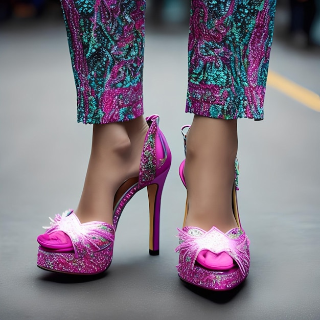 Kobiece nogi w różowych i zielonych spodniach i parę różowych butów.
