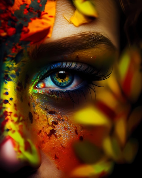 Kobiece oko jest zasłonięte liśćmi, a po lewej stronie znajduje się słowo jesień