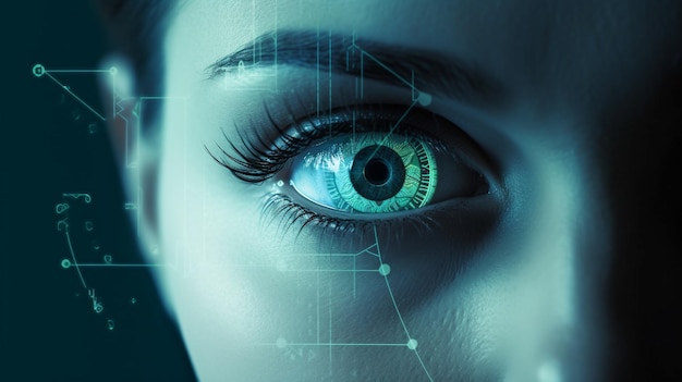 Kobiece oko z futurystycznym systemem wizyjnym Koncepcja kontroli i bezpieczeństwa w technologii dostępu Generative AI