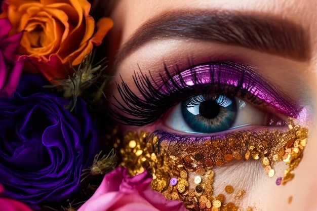 Kobiece oko z karnawałowym makijażem w kwiatach kobiecości piękna pielęgnacja skóry generatywne ai