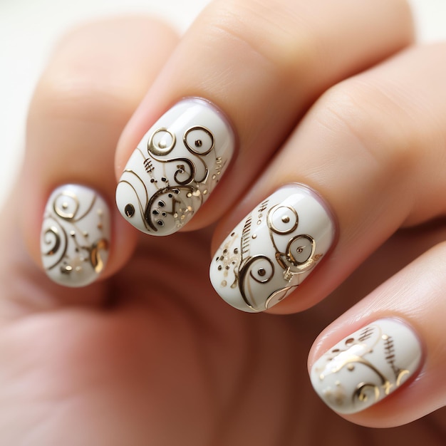 kobiece paznokcie ze złotym wzorem i napisem „złoto”.