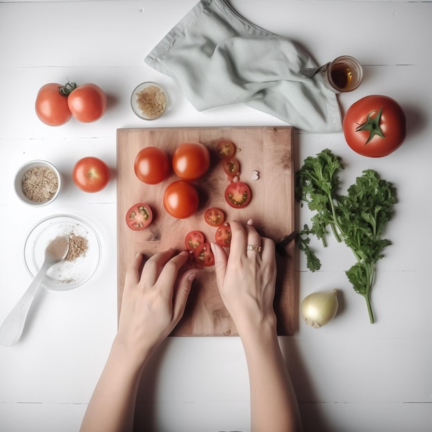 Kobiece ręce gotują sałatkę Świeże pomidory i przyprawy na desce