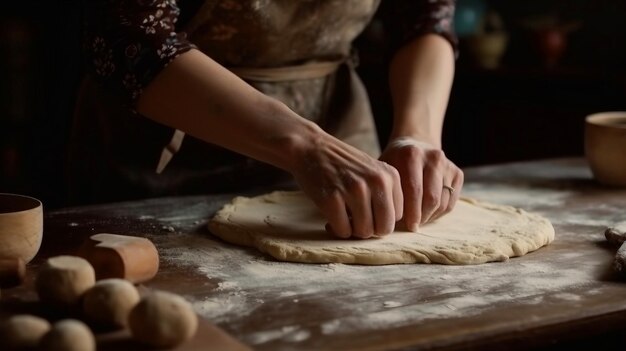 Kobiece ręce toczenia ciasta na drewnianym stole Kobieta pracująca z ciastem