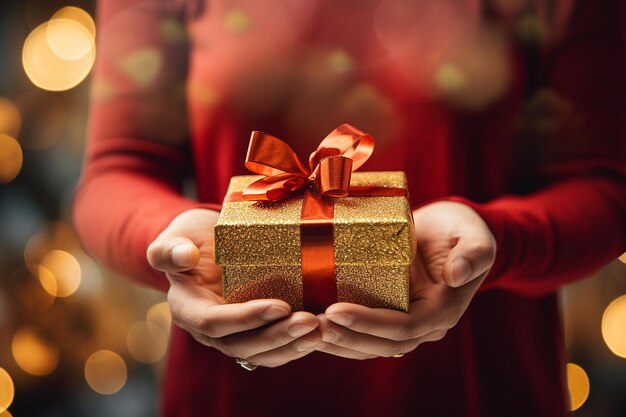 Kobiece ręce trzymające złote pudełko z tłem światełek świątecznych Karta zimowa i noworoczna