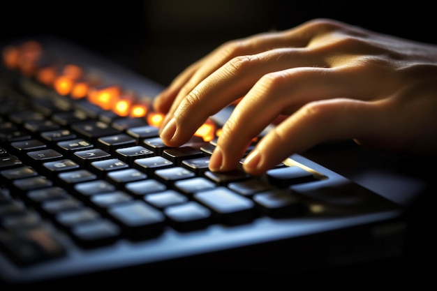 Kobiece ręce wpisując na klawiaturze laptopa w ciemnym pokoju