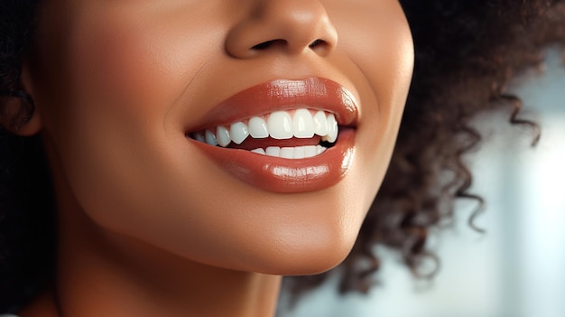 Kobiece usta z białymi zębami i szminką w uśmiechu Afroamerykanka otworzyła usta Zdrowe zęby i świeży oddech Koncepcja zdrowia jamy ustnej pokolenie sztucznej inteligencji