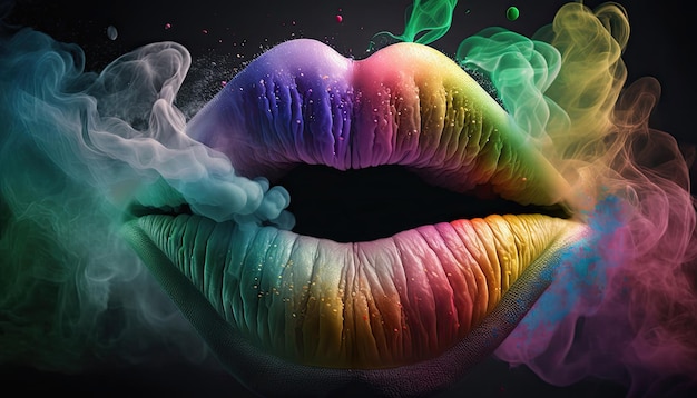 Kobiece usta zamykają się na sobie kolorową szminkę w wielobarwnym dymie sexy piękne usta kobiety