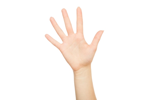 Kobiecej ręki co zrobić pięć gestów ręki, przycinanie, wycinanie, izolowana na białym tle.