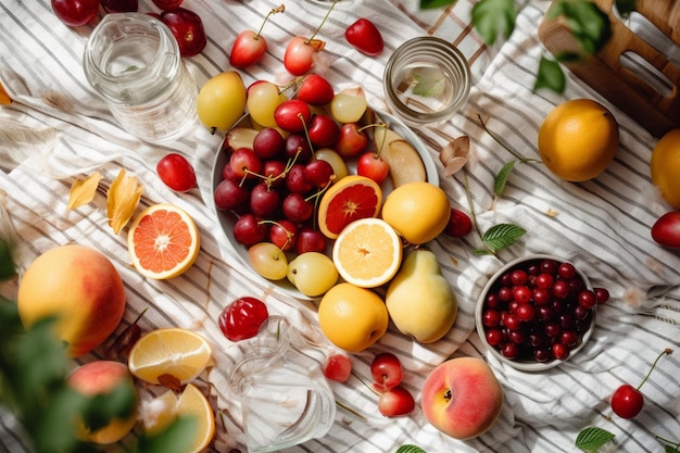 Kobiecy letni piknik flatlay owoce jagody i woda cytrynowa na bawełnianym kocu w paski