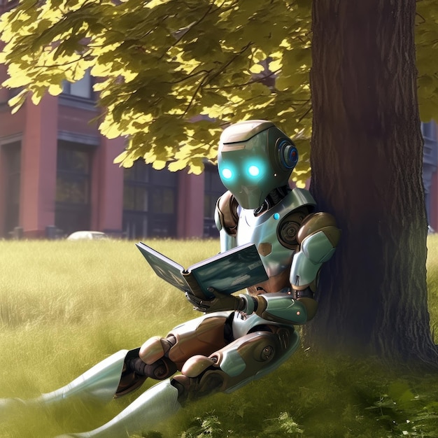Kobiecy robot czytający książkę pod drzewem generatywnej sztucznej inteligencji