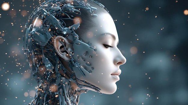 Kobiecy robot na jasnoniebieskim rozmytym tle AI android jako młoda kobieta generatywna AI Widok z boku robota lub głowy cyborga Koncepcja wiedzy technologicznej mózg umysł filozofia