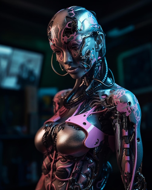Kobiecy robot z różową klatką piersiową i różową klatką piersiową