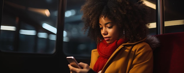 Kobieta afrykańskiego pochodzenia w autobusie używająca telefonu w nocy Autentyczność
