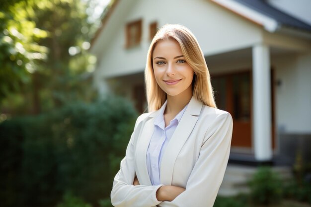 Kobieta agent nieruchomości przed domem dla agenta nieruchomości