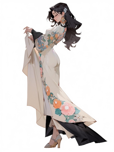 kobieta anime w długiej sukni z wachlarzem i kwiecistym szalem generatywnym ai