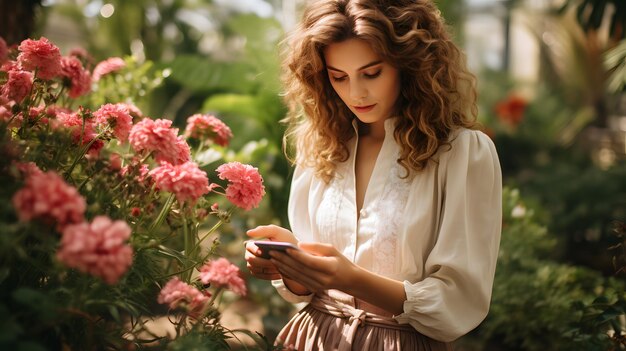 kobieta araffe patrząca na telefon komórkowy w ogrodzie Generacyjna sztuczna inteligencja