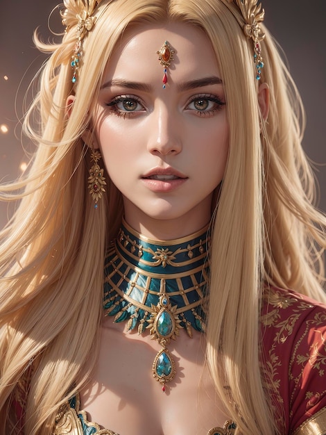 Kobieta atrakcyjna młoda piękna długie włosy blond królowa farby twarz Indianer Amazone