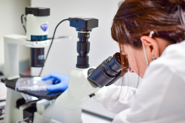 Zdjęcie kobieta badająca kulturę komórek pod mikroskopem
