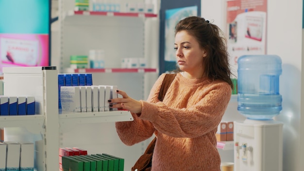 Kobieta badająca półki aptek z produktami farmaceutycznymi, szukająca leczenia na receptę, aby kupić leki. Klientka sprawdzająca pigułki i pudełka w aptece. Strzał z ręki.