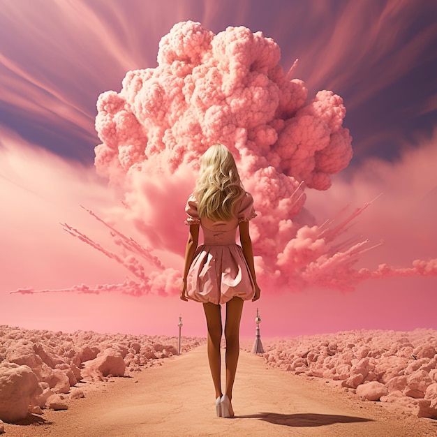 Kobieta Barbie obserwująca wybuch nuklearny