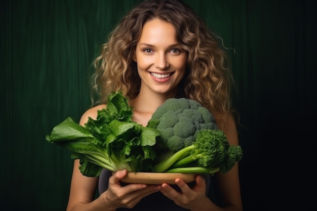 Zdjęcie kobieta bawi się trzymając bezglutenowe organiczne zielone warzywa zdrowe odżywianie generatywna sztuczna inteligencja