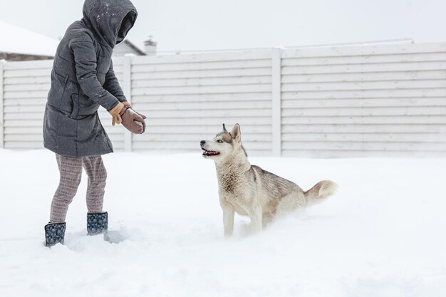 Kobieta Bawi Się Ze Swoim Psem Siberian Husky Na śniegu