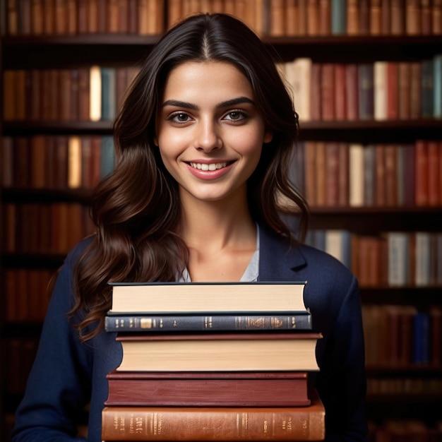 Kobieta bibliotekarka z uśmiechniętymi książkami