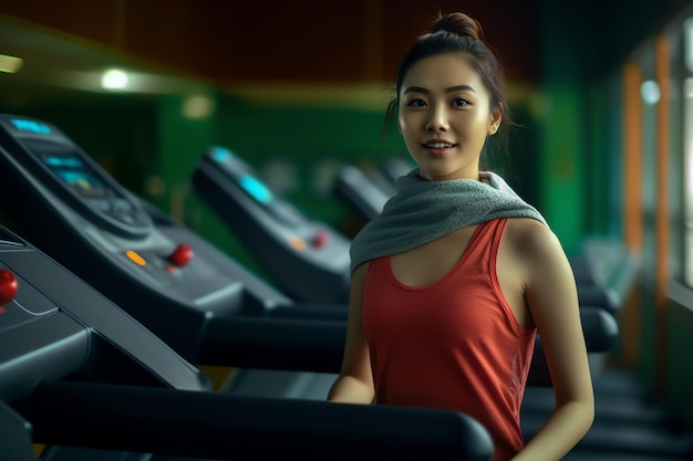 Kobieta biega na bieżni na siłowni.