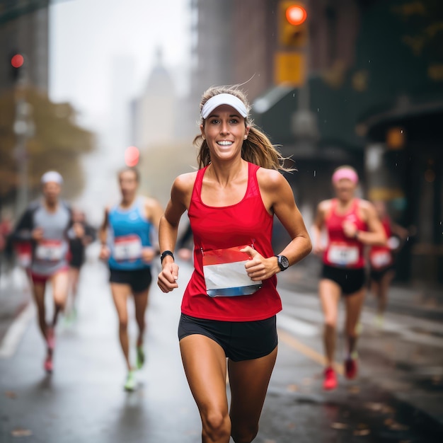 Zdjęcie kobieta biegająca maratonem po ulicach miasta