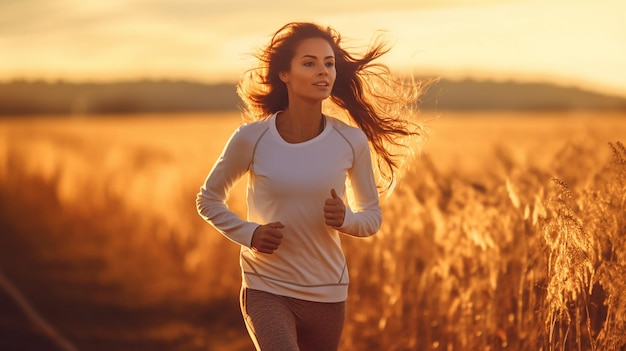 kobieta biegająca na jesiennym polu o zachodzie słońca zdrowy tryb życia