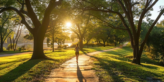 Kobieta biegająca w malowniczym parku o wschodzie słońca pokazując fitness na świeżym powietrzu