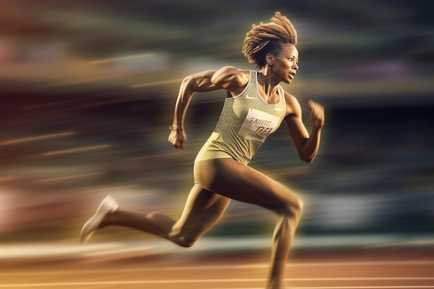 Kobieta biegnie po bieżni z numerem 4 na koszulce.
