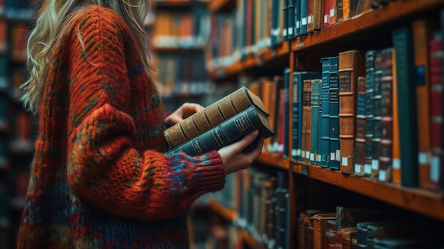 Zdjęcie kobieta bierze książkę w bibliotece.