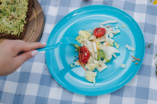 Kobieta bierze sałatkę z niebieskiego talerza na wegańskim pikniku na świeżym powietrzu Świeża i zdrowa żywność