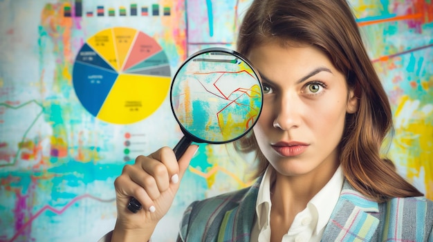 Kobieta biznesmena patrząca przez szkło powiększające na wykres strategii marketingowej Marketing Vision