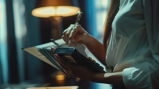 Kobieta biznesowa licząca na kalkulatorze i trzymająca dokumenty w rękach close-up Bookke Generative AI