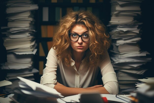 Zdjęcie kobieta biznesowa otoczona papierami na biurku generacyjna sztuczna inteligencja