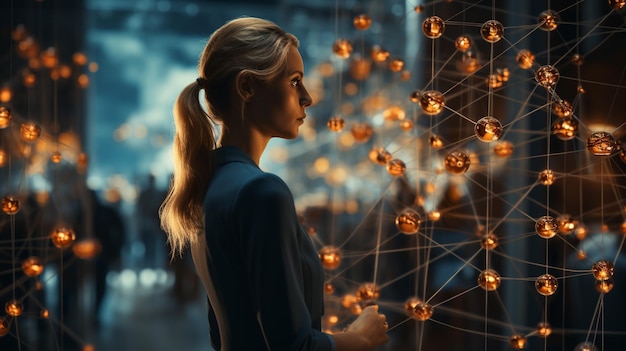 Zdjęcie kobieta biznesowa rysuje globalną strukturę sieci i wymiany danych