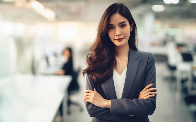 kobieta biznesowa stojąca z skrzyżowanymi ramionami koncepcja sukcesu biznesowego niewyraźne tło pracy