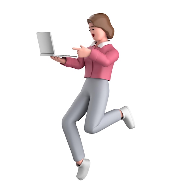 Kobieta biznesowa w 3D stojąca z laptopem, tabletem, telefonem komórkowym, megafonem odizolowanym
