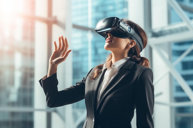 Kobieta biznesowa w formalnym garniturze używająca urządzenia VR goggle wirtualnej rzeczywistości ai doświadczenie planowanie i rozciąganie procesu plan pracy w biurze