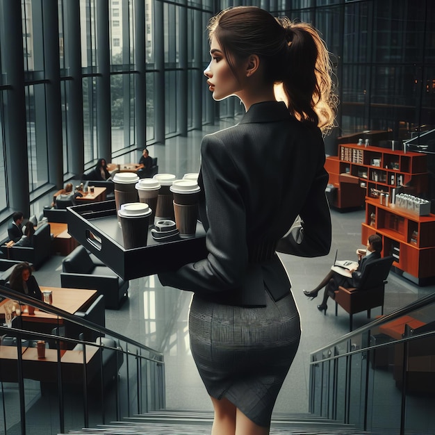 Kobieta biznesowa w garniturze biznesowym przechodzi przez biuro centrum biznesowego z tacą kawy w ręku