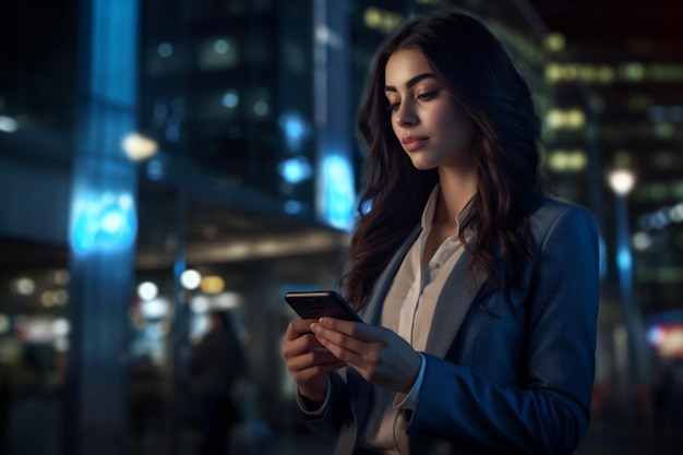 Kobieta biznesowa w nocy używająca telefonu w nocnym mieście z generatywną sztuczną inteligencją
