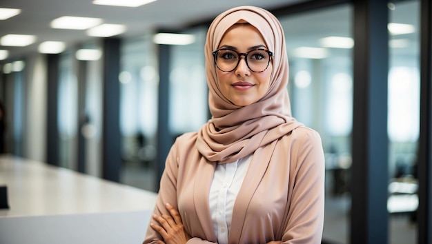 Kobieta biznesowa w okularach w sukience z hidżabem porządnie i pewnie stoi w biurze