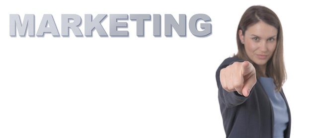 Zdjęcie kobieta biznesowa wskazująca na tekst koncepcja marketingowa koncepcja biznesowa