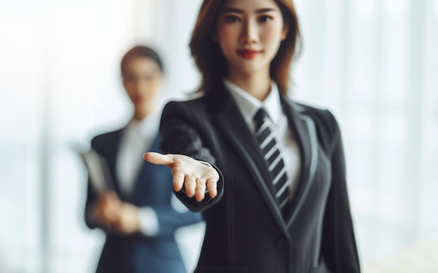 Kobieta biznesowa wyciąga rękę do przodu Wyciągnij ręce, aby zaprosić do sukcesu biznesowego
